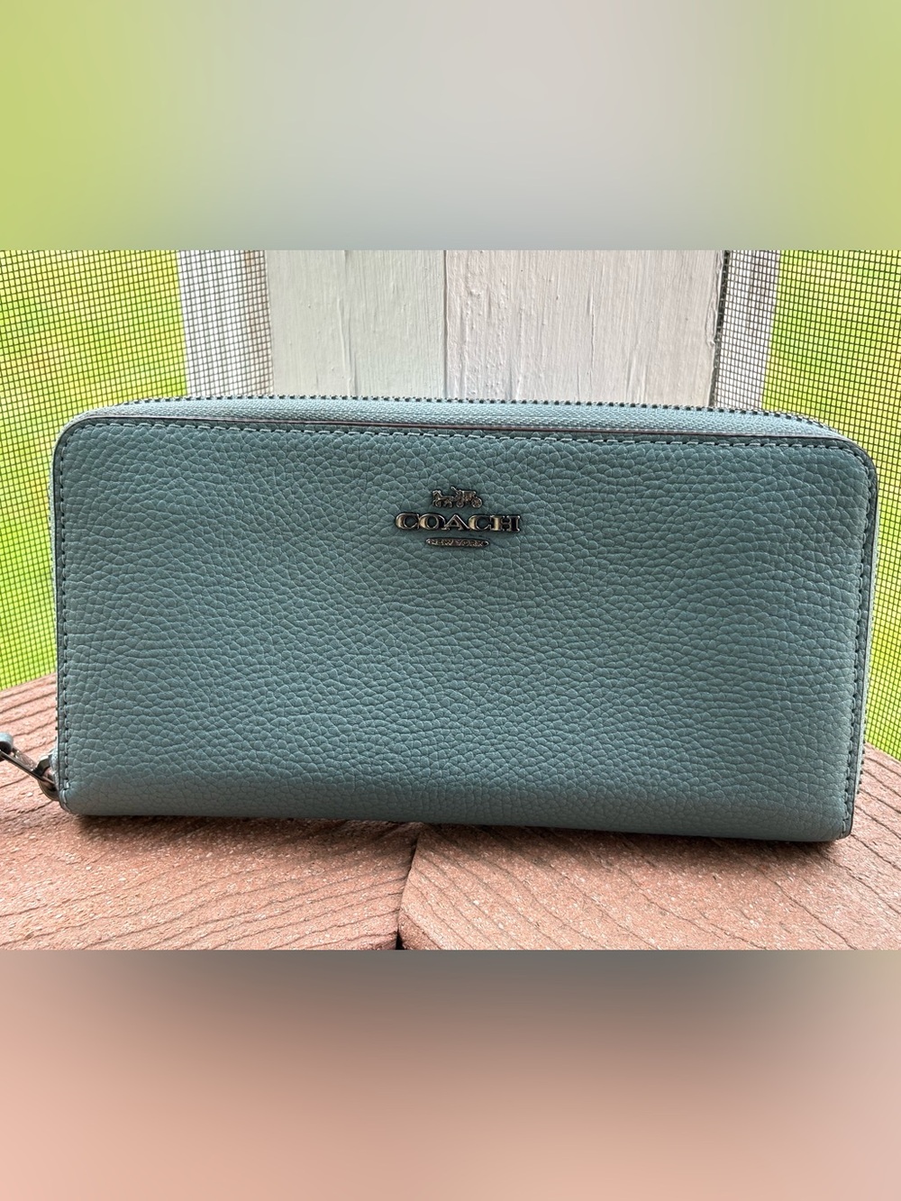 Coach Pebbled Zip Around Wallet - Dusty Teal Blue w/ Gun Metal Hardware